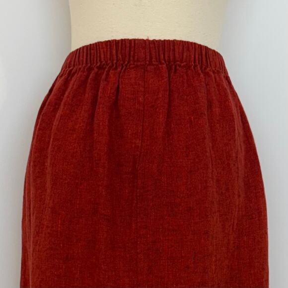 FLAX Linen Midi Skirt Patch Pockets with Back Slit Brick Red L - Picture 7 of 10